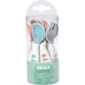 BEABA - Tacamuri ergonomice - 6 linguri si 4 furculite - maner scurt, rotunjit - prietenos cu bebelusii, potrivit pentru dreptaci si stangaci - gri/albastru/roz