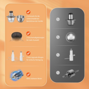 Bear Mini Zerkleinerer 600W 2L18L 2 viteze lame din otel inoxidabil - Img 6
