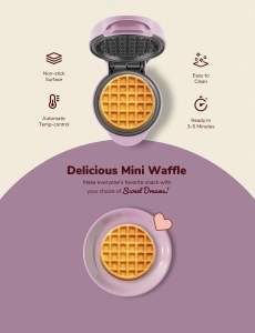 Bestron Mini Waffeleisen AMW500L Lila Mat Antiaderent Design Retro - Img 4