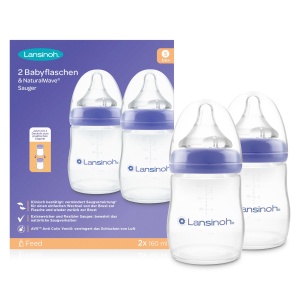 Biberoane Lansinoh cu tetina NaturalWave marimea S, 160 ml - Pachet dublu - Design compact nou pentru stabilitate imbunatatita - cu capac stivuibil, transparent