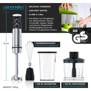 Blender Arendo MIRA 1500W cu 4 lame, 800 ml, accesorii inclusiv - Img 2