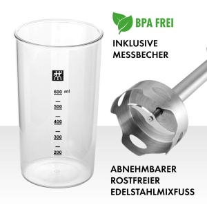 Blender de mana ZWILLING 1002477 550 W otel inoxidabilnegru pahar gradat 600 ml - Img 3