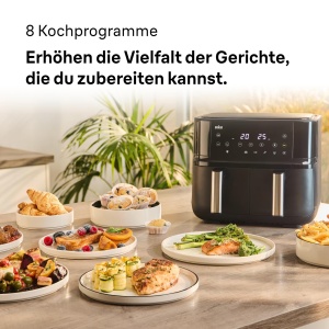 Braun Air Fryer TwinCook 3 TD3030IBK Air Fryer 2 camere 8L 4L 4L 80-200deg Airfryer cu functie de sincronizare 8 programe curatare usoara 2850W negru - Img 2