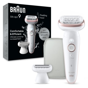 Braun Silk-epil 9, epilator cu cap pivotant pentru indepartare usoara a parului, piele umeda si uscata, de lunga durata, matasoasa, ladyshaver, accesoriu de barbierit si accesoriu de tuns, 9-030, alb/roz flamingo - Img 1