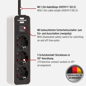Brennenstuhl Ecolor Power Strip cu 3 cai (priza multipla cu comutator si cablu de 1,5 m) negru/alb - Img 2