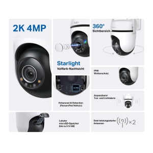 Camera de securitate TP-Link Tapo C520WS pentru exterior, Viziune nocturna color Starlight, Camera 360deg, 2K 4MP, 2 antene puternice, IP66 rezistent la intemperii, stocare locala si cloud securizata, detectare AI, APP - Img 2