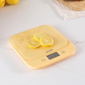 Cântar digital de bucătărie Salter British Bakes - capacitate mare de 10 kg, măsoară lichide, impermeabil, funcție de tară, platformă din sticlă, precizie de 1 g, galben - Img 3