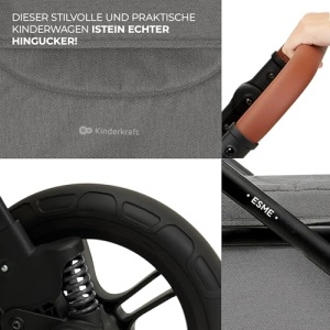 Carucior Kinderkraft ESME 3 in 1 set complet de pana la 26 kg, Sisteme de calatorie pentru carucior combinate cu scaun auto pentru bebelusi I-size 40-75 cm, Pliabil, Pozitie culcat, Gri - Img 14