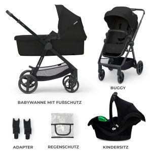 Carucior Kinderkraft NEW 3 in 1, Set complet pana la 22 kg, Scaun auto pentru copii I-Size 40-75 cm in set, Carucior combinat cu sac pentru picioare, Baldachin impermeabil cu UPF50+, pliabil, pozitie culcat, negru - Img 10
