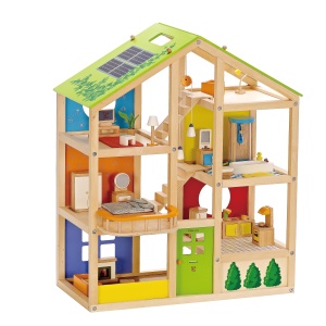 Casa de papusi din lemn Hape Four-Seasons Premiata Casa de papusi cu trei etaje, cu mobilier, accesorii, scari glisante si acoperis reversibil pentru fiecare sezon