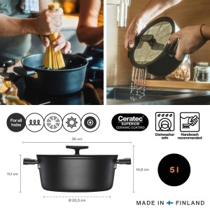 Caserola cu capac Fiskars Hard Face, 5L, Negru, Diametru 26 cm - Img 2