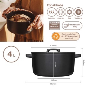 Caserola din fonta Fiskars Folken, 4 l, emailata, neagra - Img 2