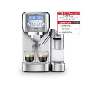 CASO Espresso Gourmet Latte - Rezultatul testului Very Good, aparat portafiltru cu recipient de lapte integrat, pompa ULKA de 20 bari, placa de incalzire a cestilor, 1 sau 2 cani, argintiu, otel inoxidabil - Img 1