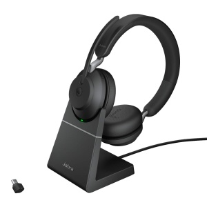 Casti wireless pentru PC Jabra Evolve2 65 cu suport de incarcare - Anulare a zgomotului Casti stereo certificate Microsoft Teams cu baterie de lunga durata - Adaptor Bluetooth USB-C - Negru
