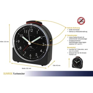 Ceas de perete analogic TFA Dostmann Sunrise, negru, cu functie snooze - Img 2