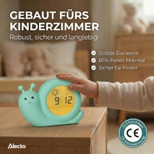 Ceas desteptator pentru copii Alecto BC110GN Simon, 3-in-1, design melc, noapte luminoasa - Img 3
