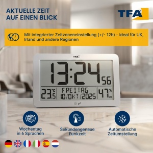 Ceas digital de perete TFA Dostmann 60.2568.54, cu temperatura si umiditate, argintiu - Img 4