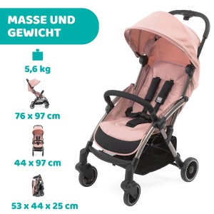 Chicco Cheerio Carucior compact de la 0 la 15 kg, ultra-usor, pliabil si rabatabil cu pozitie de dormit, inchidere automata, umbrela de soare si husa de ploaie, Blossom, negru - Img 5
