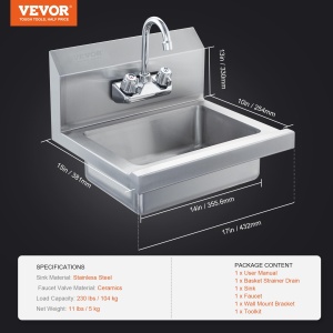 Chiuveta de mana VEVOR HS-17-SP din inox, cu robinet rotativ, 432 x 381 x 330 mm - Img 7