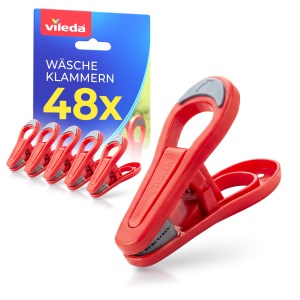 Clame de rufe Vileda 48 bucati, fara metal, rezistente la intemperii, rosii
