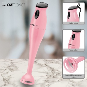 Clatronic Blender de mana/Blender de mana/Blender de mana/Blender SM 3577; Cutit de impact din otel inoxidabil; pentru smoothie, piure de dovleac, terci pentru bebelusi, milkshake; cu ulcior de blender (500 ml); 180 wati; roz - Img 3
