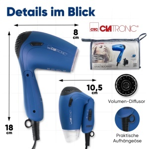 Clatronic HTD 3429 Uscator de Par Compact 1200W Albastru Pliabil Cu Difuzor - Img 7