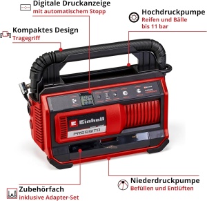 Compresor fara fir Einhell PRESSITO 18/25 Power X-Change (18 V, max. 11 bar, incl. 3 buc. Set adaptoare, inclusiv furtun de inalta presiune de 71 cm si furtun de joasa presiune de 1,6 m, fara baterie) - Img 3