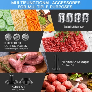 COOCHEER Masina de tocat carne electrica 5 in 1 Multi Robot de bucatarie Masina de carnati pentru tocator de carne din otel inoxidabil cu 3 discuri perforate, 4 lame conice, umplutura de carnati si atasament de patiserie pentru casa - Img 3