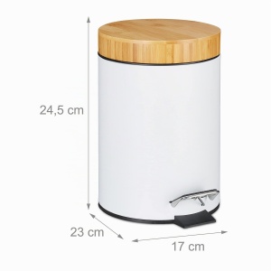 Cos de gunoi pentru baie Relaxdays, 3 l, cu capac din bambus, alb - Img 4