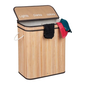Cos de rufe Relaxdays, bambus, 3 compartimente, 90 litri, cu capac