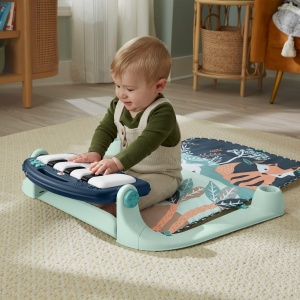Covoras de joaca Fisher-Price Kick Play Piano Gym JMN75 albastru si maro cu pian si jucarii senzoriale - Img 4
