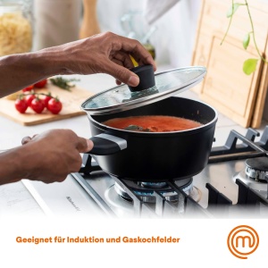 Cratita MasterChef cu capac de sticla, oale de gatit cu inductie de 20 cm, oala pentru paste, oala pentru supa, cratita din aluminiu negru, acoperita, inductie pentru oala, tigai potrivite pentru toate aragazurile, rezistente la zgarieturi - Img 2