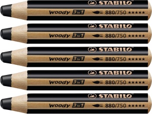 Creion STABILO woody 3 in 1, negru, 5 bucati, grosime mina 10 mm