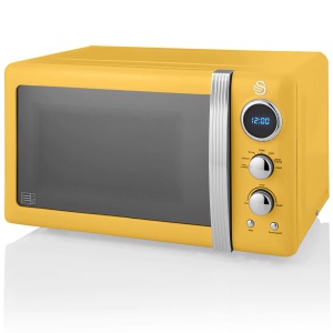Cuptor cu microunde digital Swan Retro SM22030YELNEU 20L, 5 niveluri de putere, functie de dezghetare, temporizator de 60 de minute, usa cu efect de oglinda, placa turnanta de 27cm, design vintage, galben, 800W - Img 1