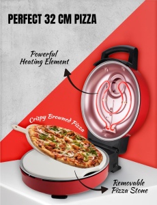 Cuptor pentru pizza Bestron pentru pizza crocanta in 5-10 minute, cuptor electric pentru pizza cu temperatura maxima de pana la 320degC, incl. piatra de argila si 2 spatule mari din lemn, Viva Italia, culoare: rosu - Img 3