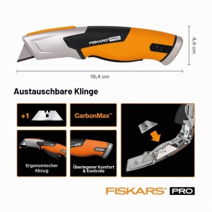 Cutit de lucru Fiskars Pro cu lama retrabila, 17.7 cm, negruorange - Img 3