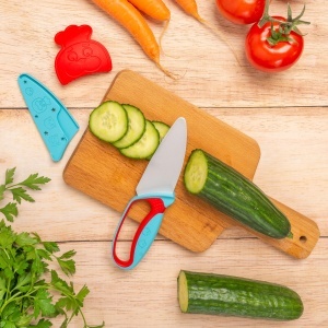 Cutit pentru copii Chefclub Kids, cu protectie pentru degete, ergonomie, albastru si rosu - Img 6