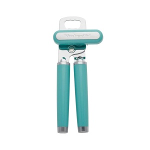 Deschizator de conserve si deschizator de sticle multifunctional KitchenAid Classic, usor de utilizat, roata de taiat din otel inoxidabil ascutita, manere ergonomice moi, Aqua Sky