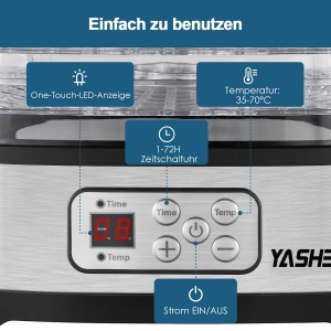 Deshidratator YASHE GGJ-261B cu afisaj LED, control al temperaturii 35-70degC si cronometru de 72 de ore, 5 tavi reglabile pe inaltime, deshidrator de fructe si legume, 240 wati, fara BPA - Img 2