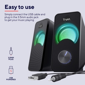 Difuzor PC Trust Arys 2.0 cu iluminare LED RGB, 12W (6W RMS), SET DE DIFUZOARE COMPACTE USB Operation, Control Volum, Mufa AUX de 3.5mm, Cutii Computer pentru Laptop - Negru - Img 6
