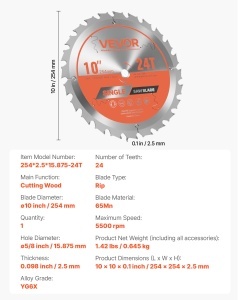 Disc VEVOR 254 mm 24 Dinti pentru Circular Otel Aliat Taiere Precisa Lemn - Img 7