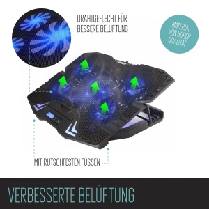Ewent EW1259 Gaming Laptop Cooler 12-17 inch, 5 ventilatoare silentioase cu LED-uri albastre, 2 porturi USB, pad de racire, suport pentru notebook Cooler Pad Cooling Pad Cooling Mat, negru - Img 2