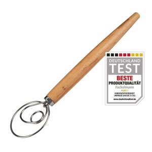 Fackelmann Agitator de aluat pentru paste, focaccia si aluat - Tel pentru aluat aerisit - Tel danez cu maner ergonomic din lemn de, argintiu/maro