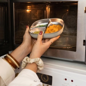 Farfurie din inox Beaba, compartimentata, rezistenta la microunde, gri-verde - Img 4