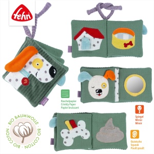 Fehn Stoffbuch Hund Natur 044041 Carte senzoriala din bumbac organic pentru bebelusi - Img 3