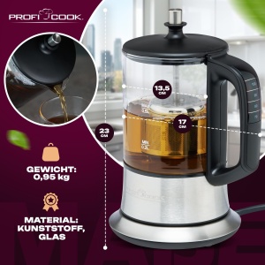Fierbator si infuzor ceai ProfiCook PC-TK 1165, 0.5L, 1100W, sticla si otel inoxidabil, BPA-free - Img 5