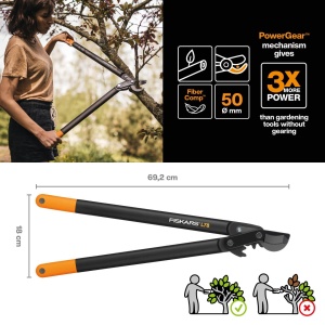 Foarfece de taiere cu angrenaj de bypass Fiskars PowerGear II pentru lemn proaspat, acoperit antiaderent, otel de precizie calit, lungime: 70 cm, negru/portocaliu, L78, 1000584 - Img 2