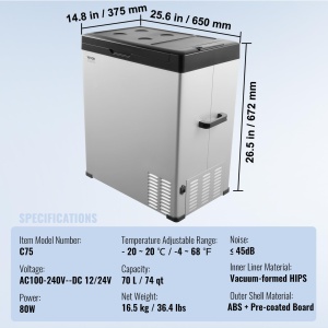 Frigider auto VEVOR 12V, congelator portabil cu o singura zona de 70L, interval reglabil de -20 ~ 20 degC, racitor de compresor 12/24V DC / 100-240V AC pentru exterior, camping, RV - Img 7