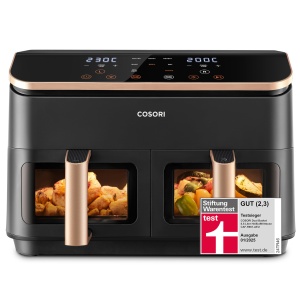 Friteuza cu aer cald COSORI 2 camere, castigatorul testului Stiftung Warentest, friteuza cu aer cu doua zone 6-in-1 8.5 L, camera dubla cu fereastra de vizualizare pentru masa completa, auriu