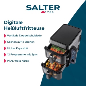 Friteuza cu aer cald Salter VertiCook View 9L 12 functii 2 cosuri de 45L PFAS-free - Img 2